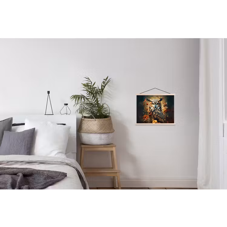 Uil - Vogel - Bloemen - Planten - Botanisch textielposter latten blank klein -woonkamer