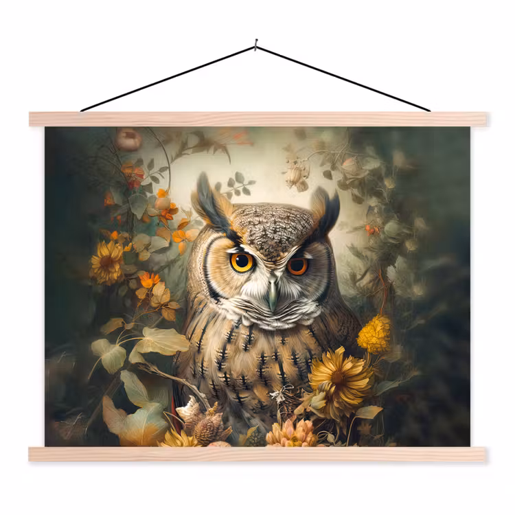Uil - Vogels - Bloemen - Natuur textielposter latten blank klein -3d