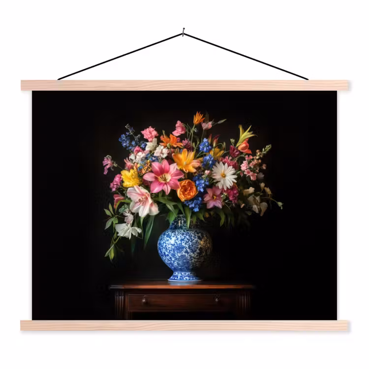 Kleur - Vaas - Bloemen - Boeket textielposter latten blank klein -3d