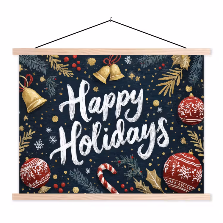 Feestelijk - Kerstgroet - Kleurrijk textielposter latten blank klein -3d