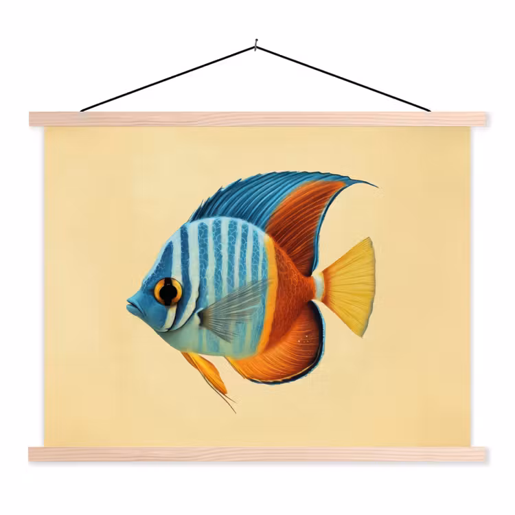 Vis - Vinnen - Blauw - Ogen textielposter latten blank klein -3d