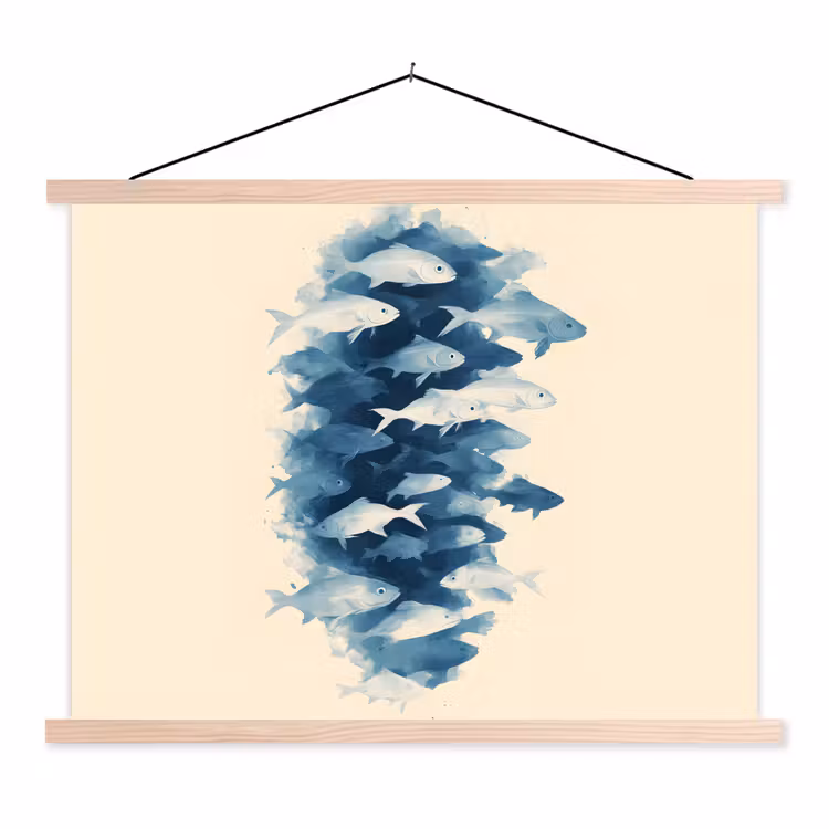 Vissen - Minimalistisch - Blauw textielposter latten blank klein -3d