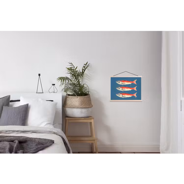 Vissen - Rood - Blauw textielposter latten blank klein -woonkamer