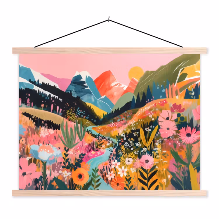 Rivier - Diepte - Bloemen textielposter latten blank klein -3d