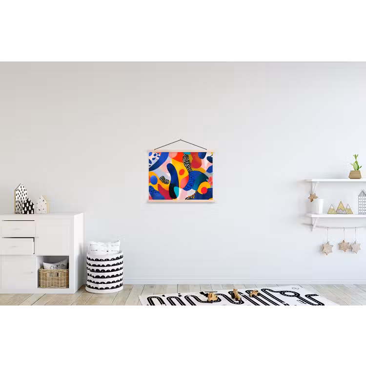 Vormen - Abstract - Stippels - Blauw textielposter latten blank klein -kinderkamer