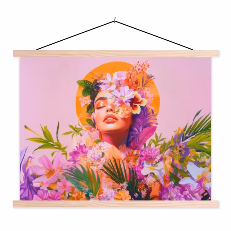Vrouw - Abstract - Cirkel - Bloemen textielposter latten blank klein -3d