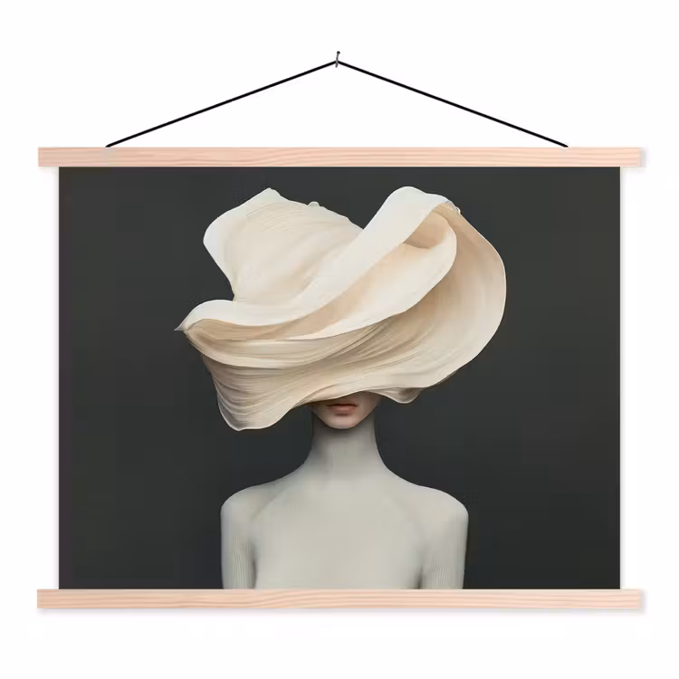 Vrouw - Beige - hoed textielposter latten blank klein -3d