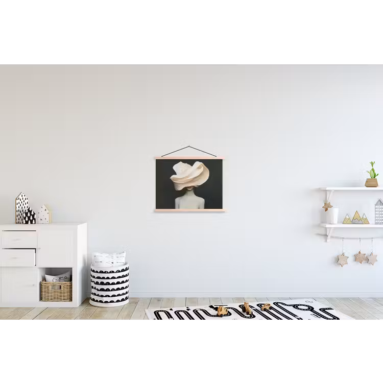 Vrouw - Beige - hoed textielposter latten blank klein -kinderkamer