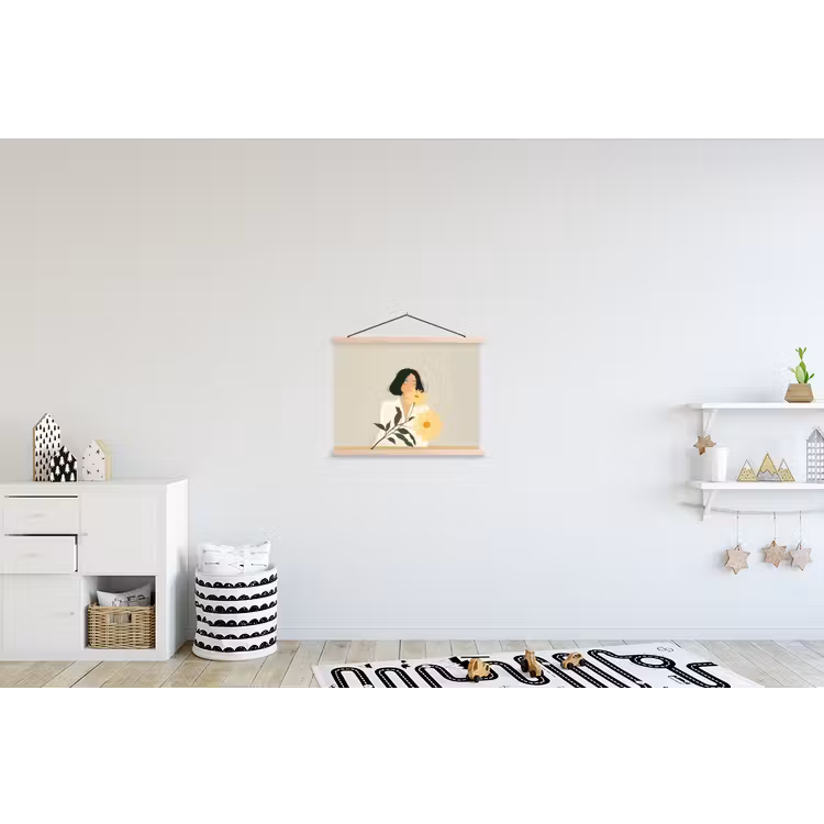 Vrouw - Bloem - Geel - Minimalistisch textielposter latten blank klein -kinderkamer