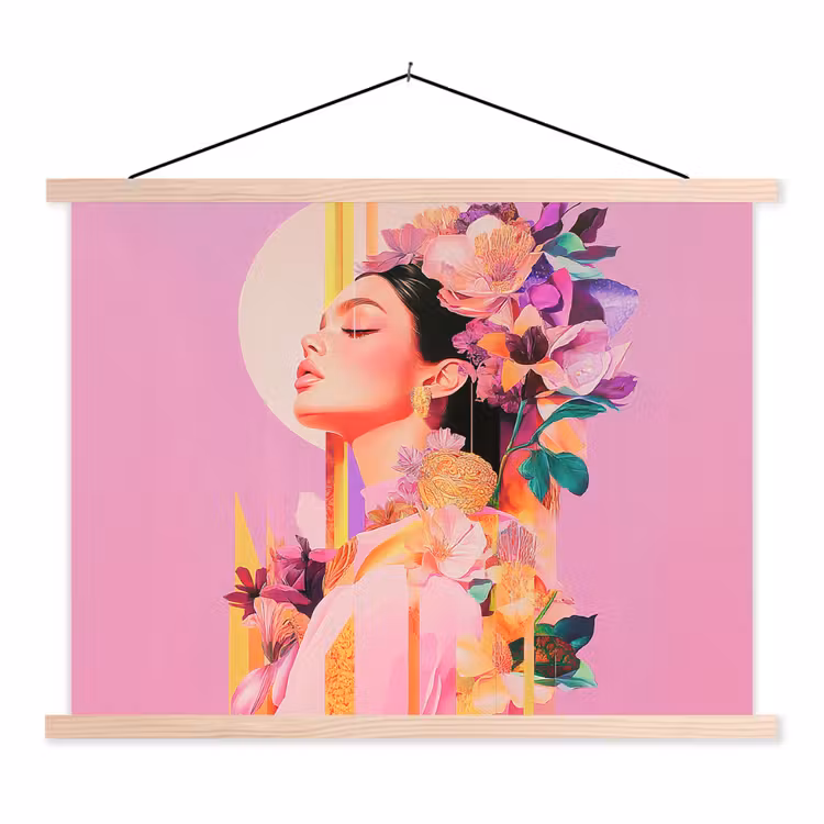Vrouw - Bloemen - Paars - Abstract textielposter latten blank klein -3d