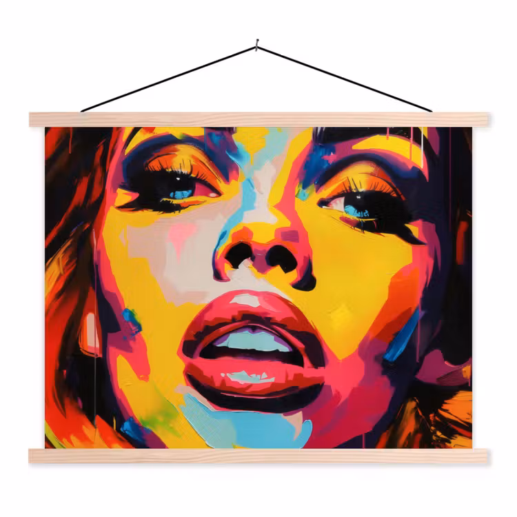 Vrouw - Gezicht - Kleurrijk textielposter latten blank klein -3d