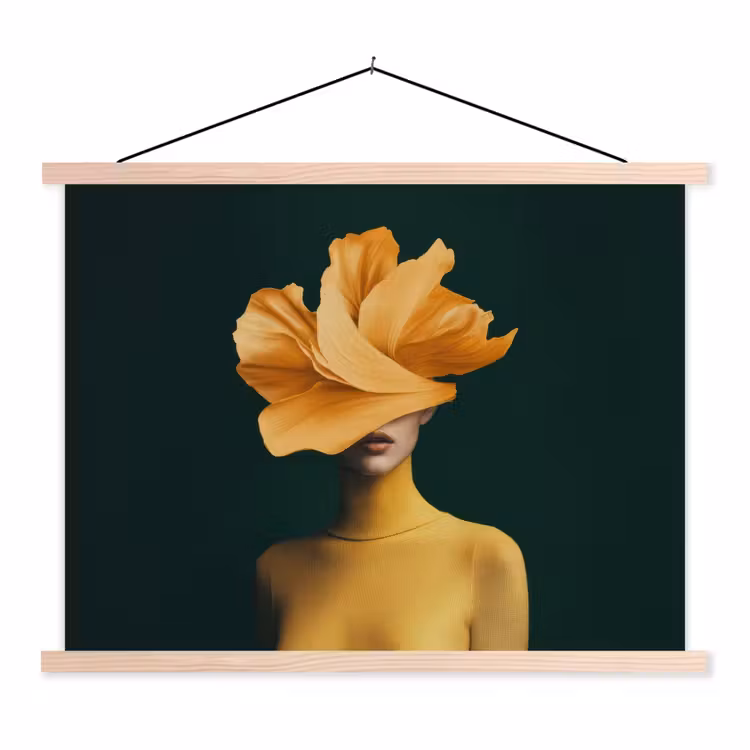 Vrouw - Hoed - Geel textielposter latten blank klein -3d