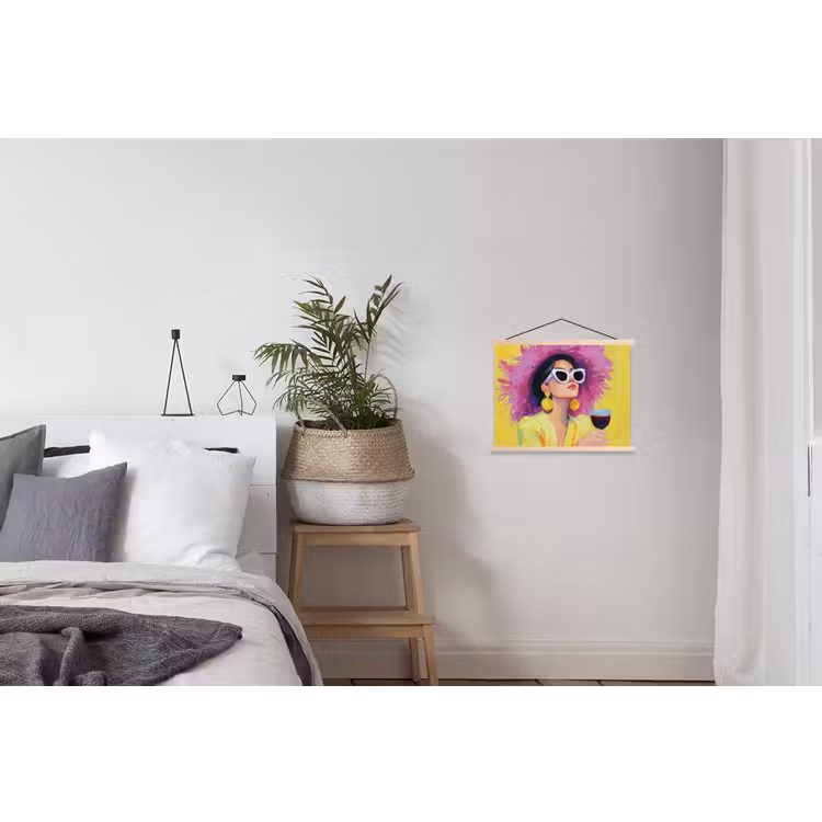 Vrouw - Hoed - Paars - Wijn textielposter latten blank klein -woonkamer