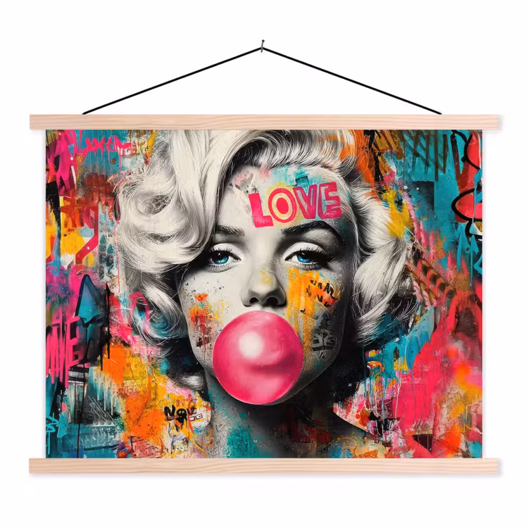 Vrouw - Kauwgom - Graffiti - Neonkleuren textielposter latten blank klein -3d