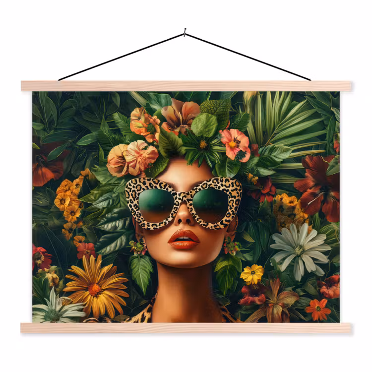 Vrouw - Panterprint - Jungle - Natuur - Luxe textielposter latten blank klein -3d