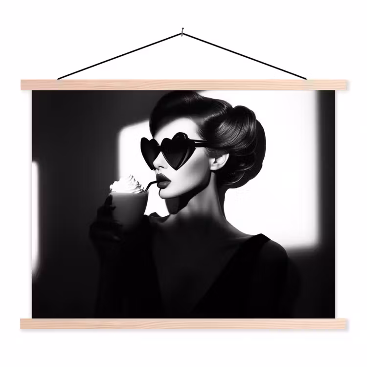 Vrouw - Zwart - Hart textielposter latten blank klein -3d
