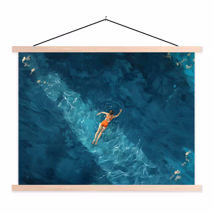 Vrouw - Water - Bikini - Oranje textielposter latten blank klein -3d