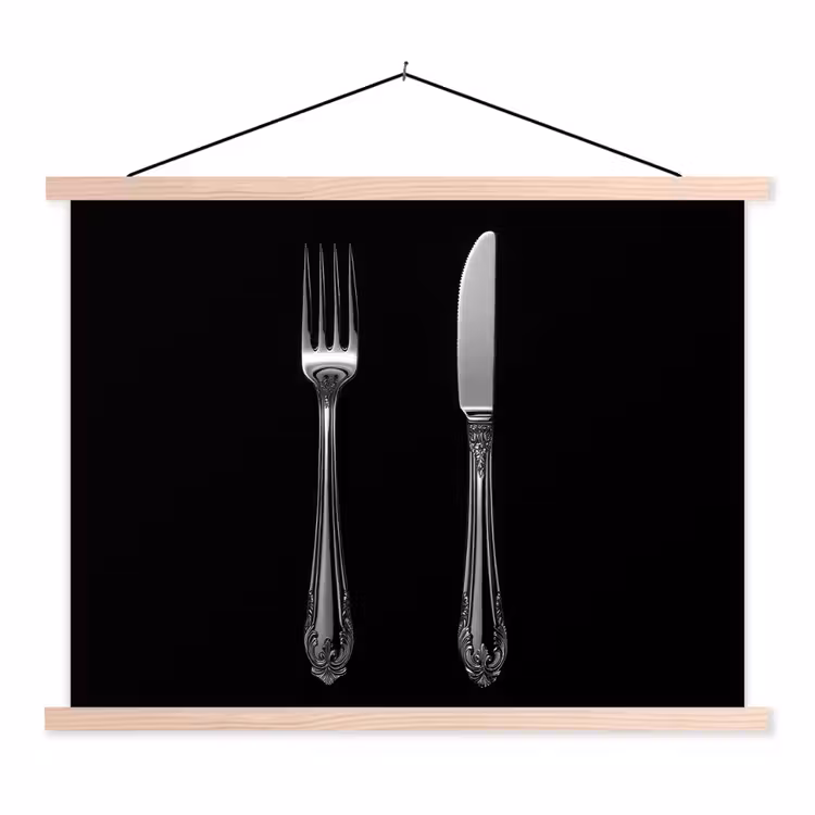 Vork - Mes - Zilver textielposter latten blank klein -3d