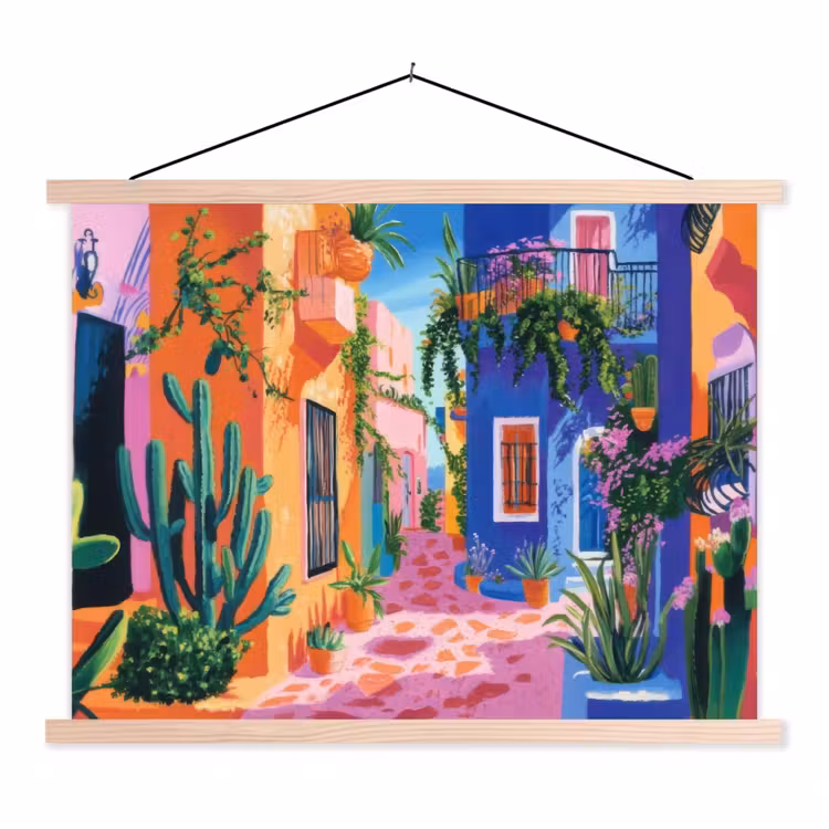 Geel - Blauw - Oranje - Huis textielposter latten blank klein -3d