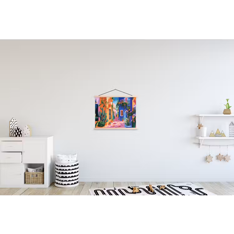 Geel - Blauw - Oranje - Huis textielposter latten blank klein -kinderkamer