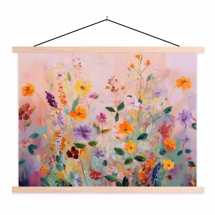 Schilderij - Bloemen - Abstract - Kleurrijk textielposter latten blank klein -3d