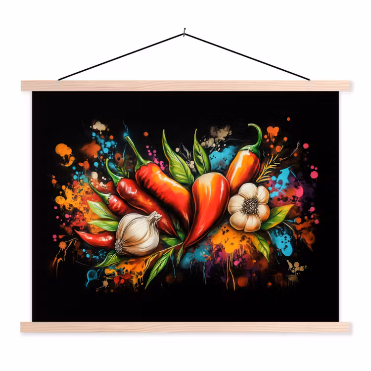 Groente - Peper - Knoflook - Graffiti - Verf - Kleurrijk textielposter latten blank klein -3d