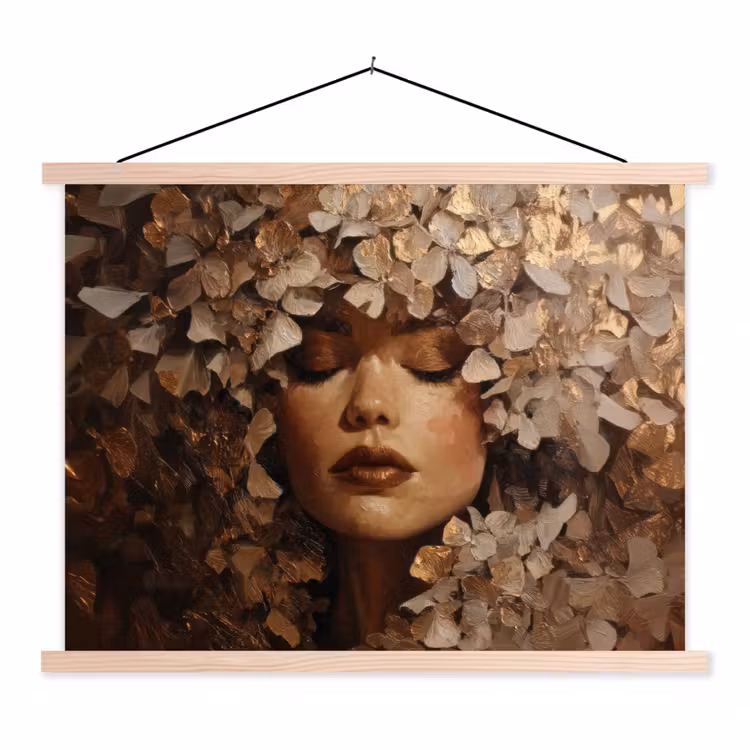 Gezicht - Vrouwe - Bladeren - Penseelstreken textielposter latten blank klein -3d