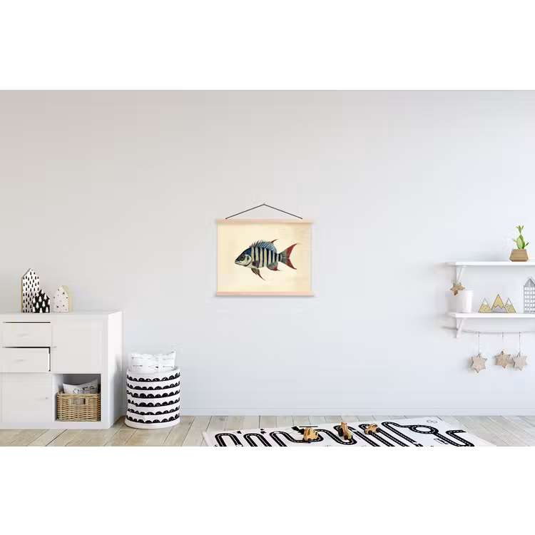 Gestreept - Donkerblauw - Rugvin - Vis textielposter latten blank klein -kinderkamer