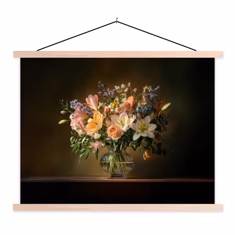 Glazen - Bloemen - Boeket - Kleuren textielposter latten blank klein -3d