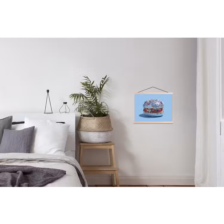 Glitters - Hamburger - Blauw textielposter latten blank klein -woonkamer