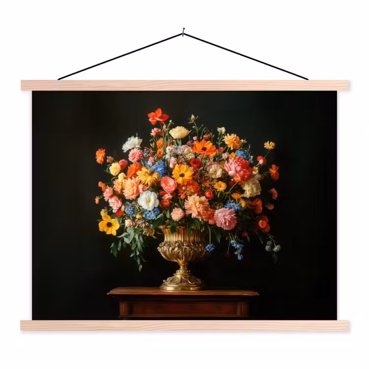 Goud - Bloemen - Kleuren - Vaas textielposter latten blank klein -3d