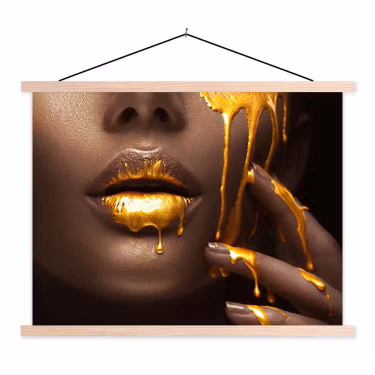 Goud - Vrouw - Verf - Lippen - Luxe textielposter latten blank klein -3d