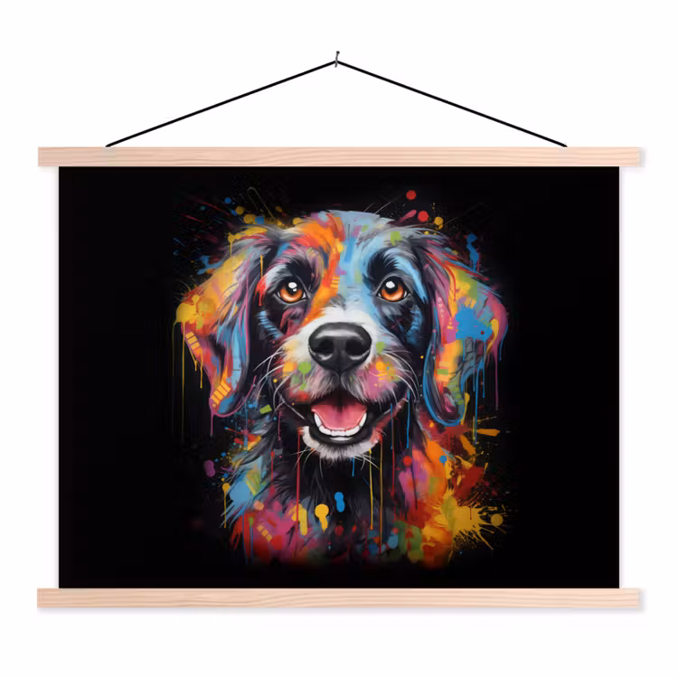Graffiti - Hond - Zwart - Kleuren textielposter latten blank klein -3d