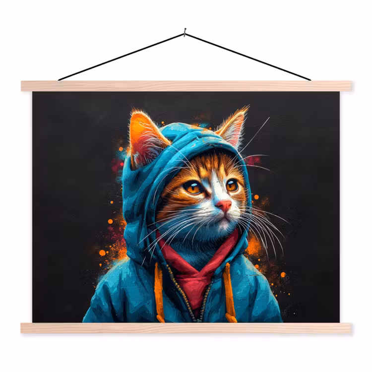 Graffiti - Kat - Zwart - Jas textielposter latten blank klein -3d