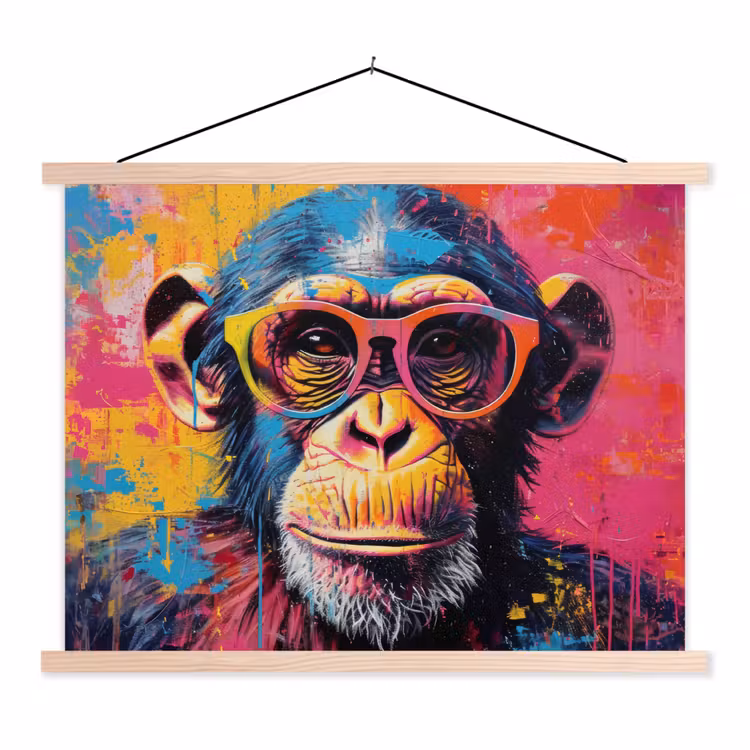 Graffiti - Chimpansee - Aap - Bril - Kleurrijk textielposter latten blank klein -3d