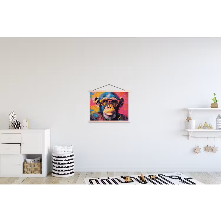 Graffiti - Chimpansee - Aap - Bril - Kleurrijk textielposter latten blank klein -kinderkamer