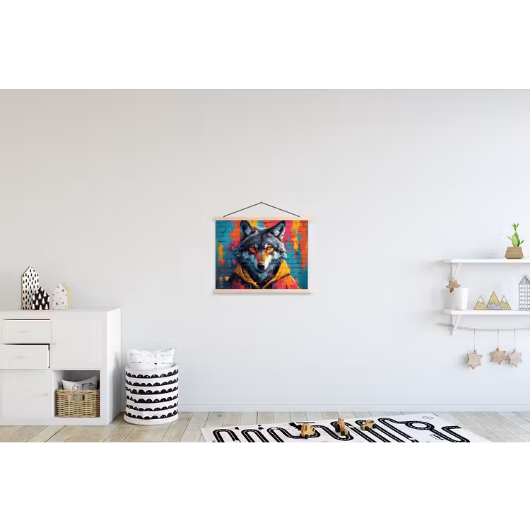 Graffiti - Wolf - Street art - Blauw textielposter latten blank klein -kinderkamer