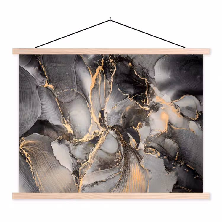 Grijs - Luxe - Goud - Marmer textielposter latten blank klein -3d