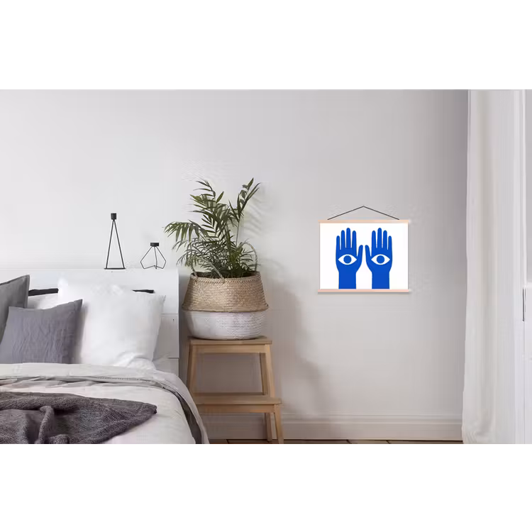 Handen - Twee - Ogen - Blauw textielposter latten blank klein -woonkamer