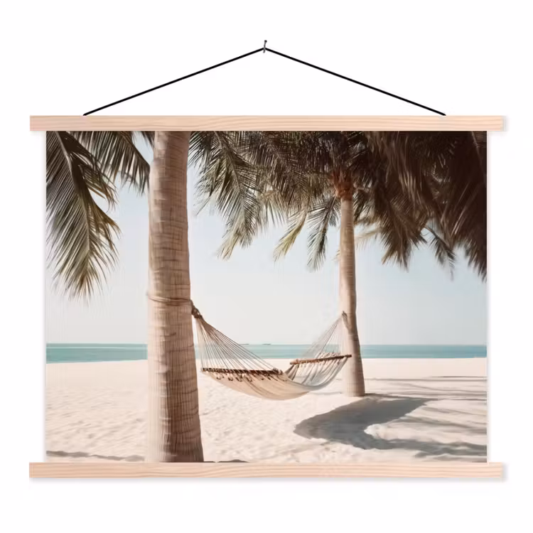 Hangmat - Palmbomen - Strand - Zee textielposter latten blank klein -3d