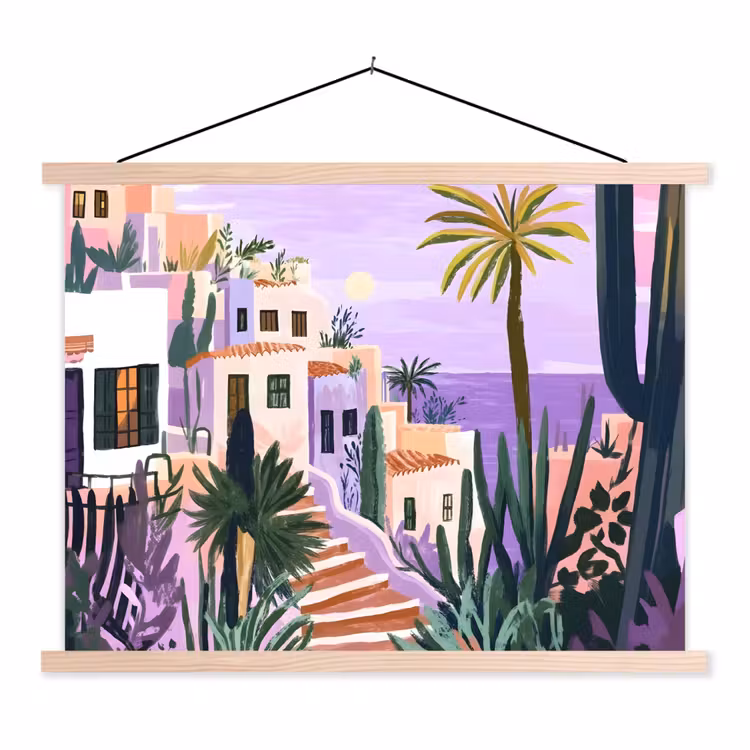 Huizen - Minimalistisch - Palmbomen - Kust textielposter latten blank klein -3d