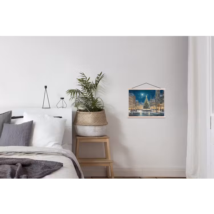 Kerstnacht - Stadsplein - Meerkleurig textielposter latten blank klein -woonkamer