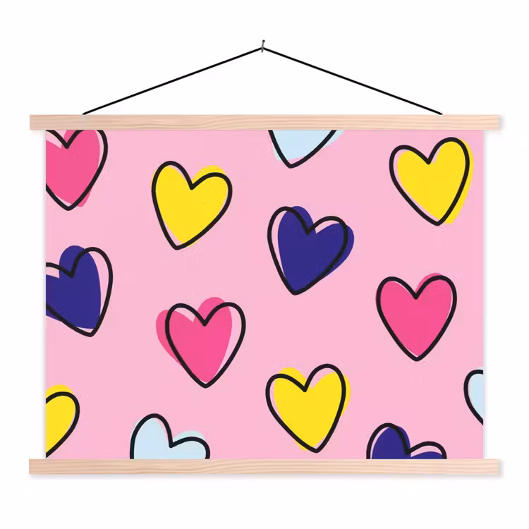 Hartjes - Valentijn - Patroon - Kleurrijk textielposter latten blank klein -3d