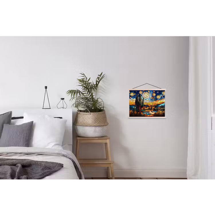 Hemel - Sterren - Mozaïek - Huizen textielposter latten blank klein -woonkamer