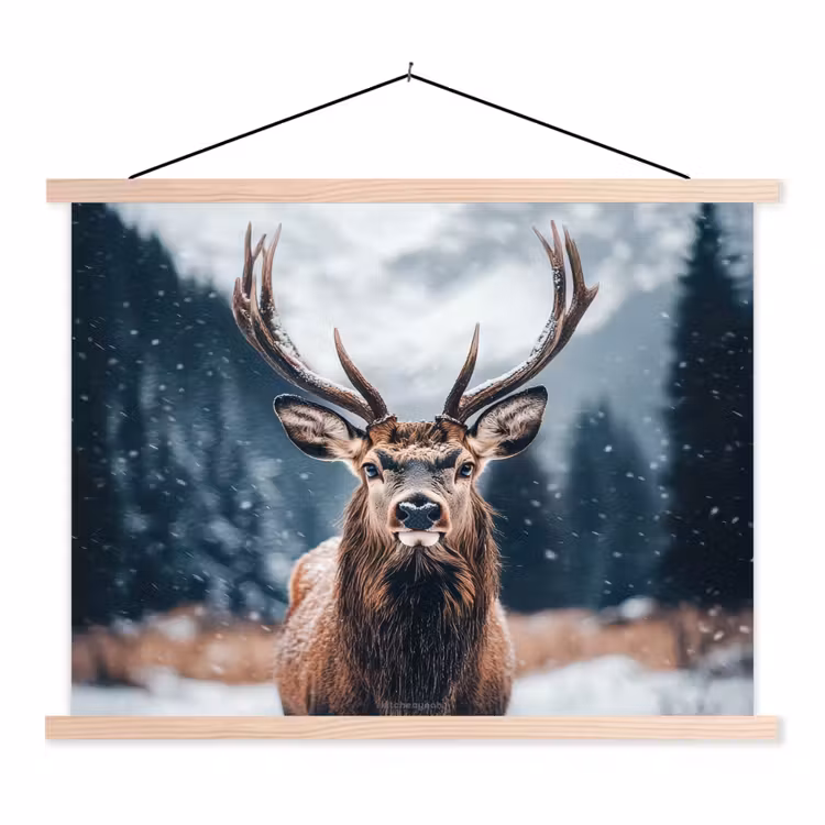 Hert - Winter - Hertenkop - Sneeuw - Gewei textielposter latten blank klein -3d