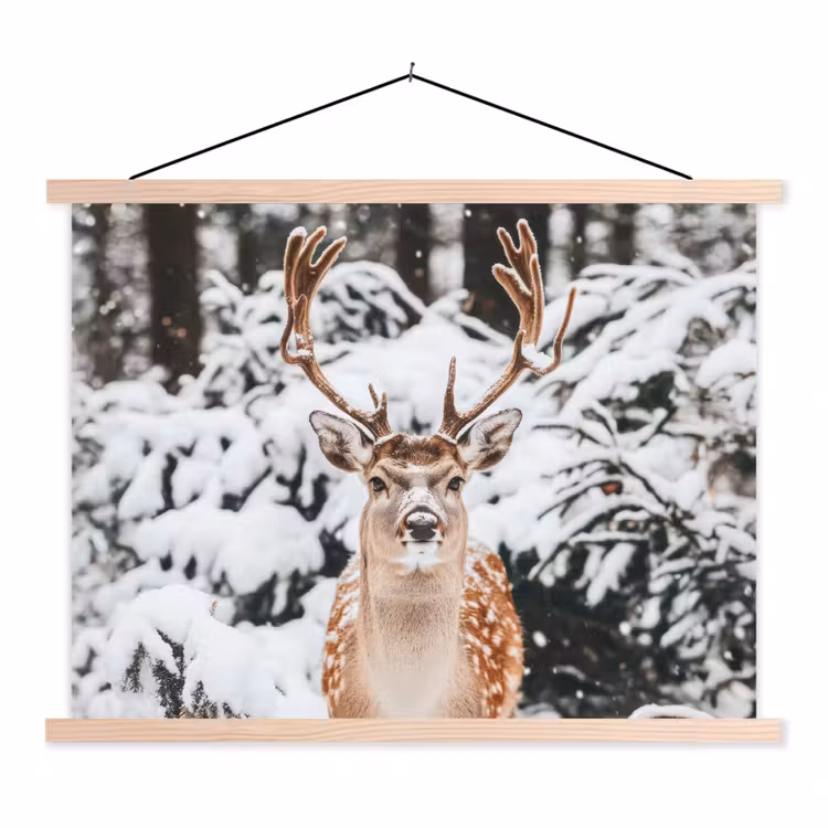 Hert - Sneeuw - Winter - Bos - Dieren textielposter latten blank klein -3d
