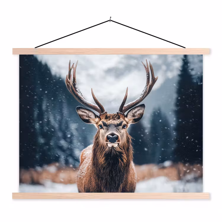Hert - Dieren - Landschap - Winter - Sneeuw textielposter latten blank klein -3d