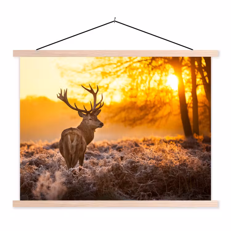 Hert - Dieren - Zonsondergang - Winter - Heide - Natuur textielposter latten blank klein -3d