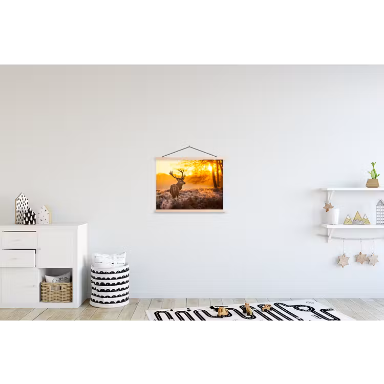 Hert - Dieren - Zonsondergang - Winter - Heide - Natuur textielposter latten blank klein -kinderkamer