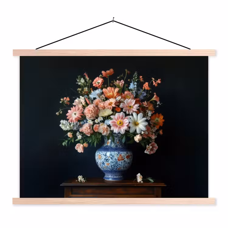 Hout - Vaas - Kleuren - Bloemen textielposter latten blank klein -3d